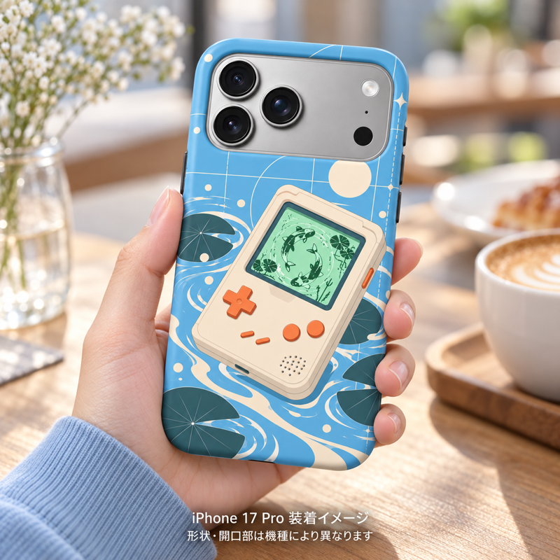 レトロハンドヘルド柄のケースを装着したiPhone 17 Proを手に持つ装着イメージ