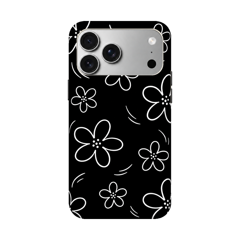 ブラックフラワードゥードル iPhoneケース 正視白背景 装着イメージ