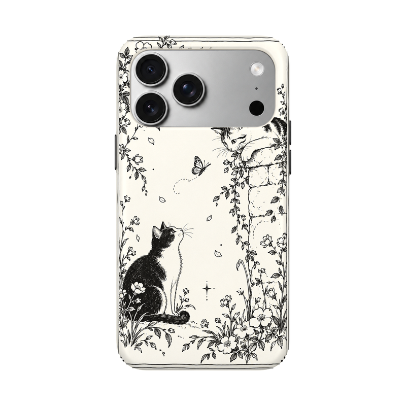 猫と蝶のボタニカルラインアート iPhoneケース 正視白背景 装着イメージ