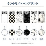 6つのモノトーンプリント 全柄の装着イメージとプリント柄の拡大図