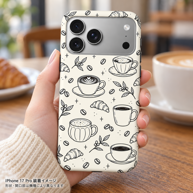 コーヒーラインアート iPhone 17 Pro 元の手持ちシーン 装着イメージ