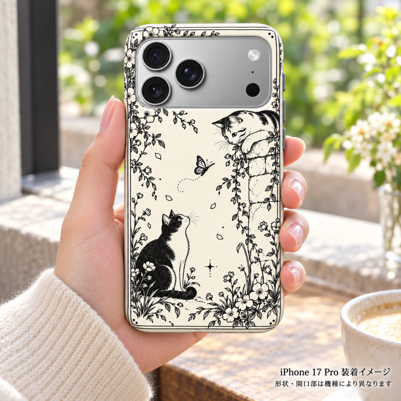猫と蝶のボタニカルラインアート iPhone 17 Pro 元の手持ちシーン 装着イメージ