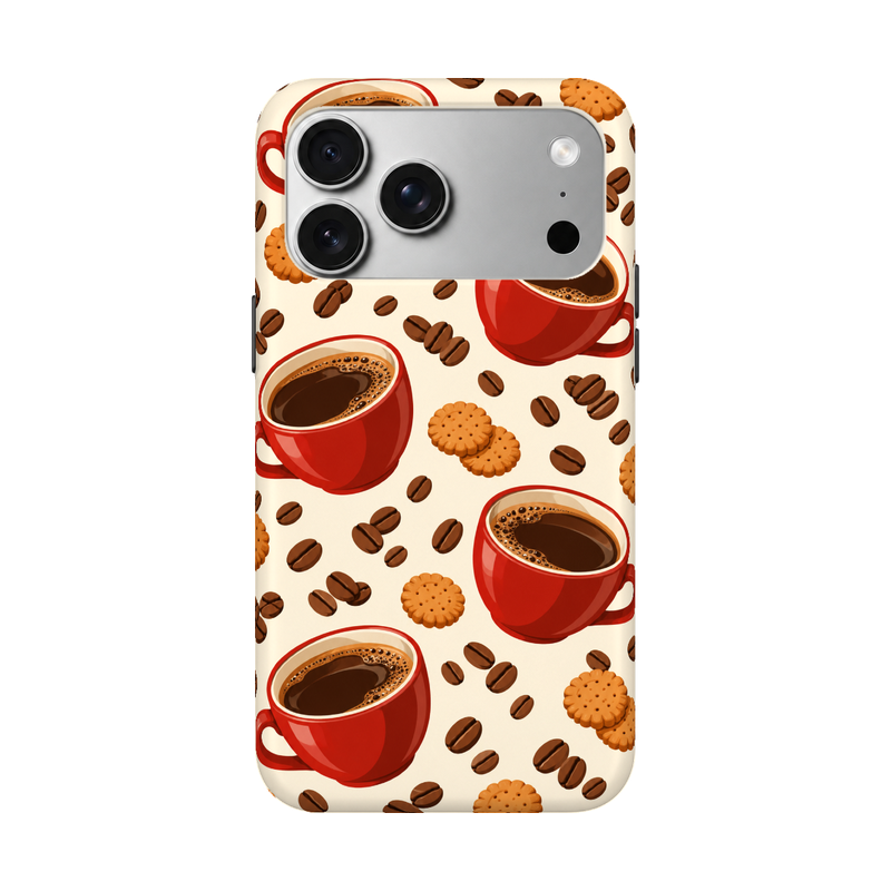 アイボリーと赤いコーヒーカップ iPhoneケース 正視白背景 装着イメージ