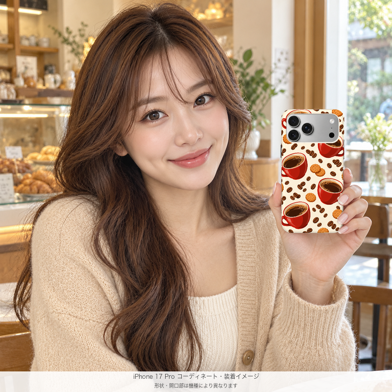 アイボリーと赤いコーヒーカップ iPhone 17 Proを手に持つモデル 装着イメージ