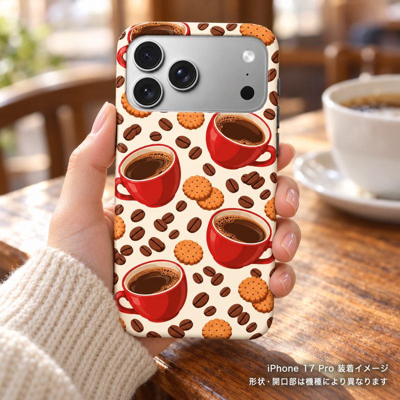 アイボリーと赤いコーヒーカップ iPhone 17 Pro 元の手持ちシーン 装着イメージ