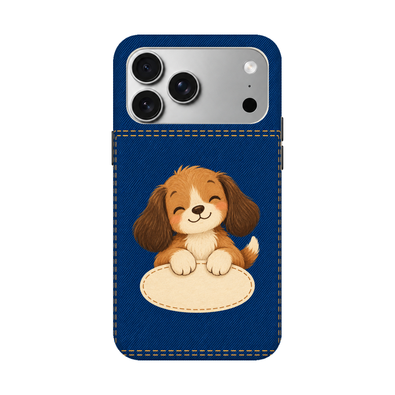 デニムプリントとブラウンパピー iPhoneケース 正視白背景 装着イメージ