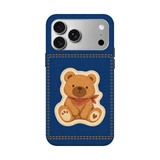 デニムプリントとキャラメルベア iPhoneケース 正視白背景 装着イメージ