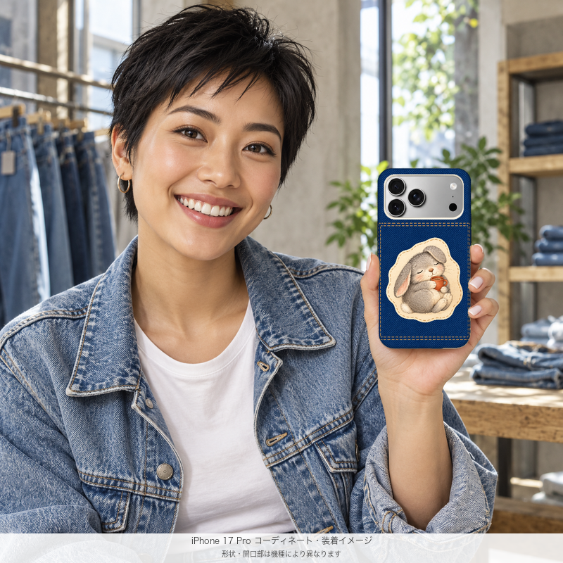 デニムプリントとたれ耳うさぎ iPhone 17 Proを手に持つモデル 装着イメージ