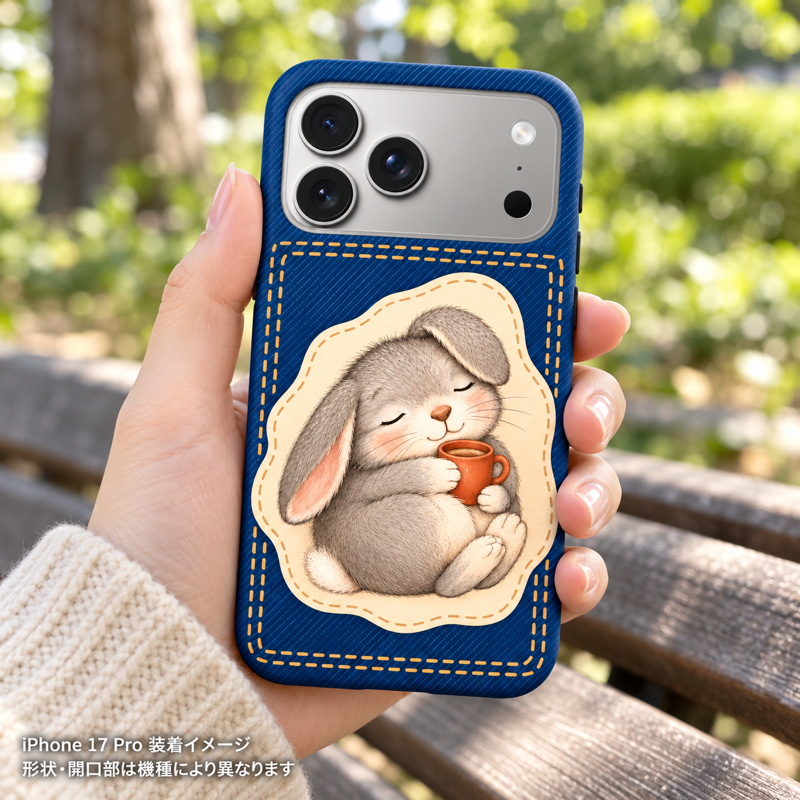 デニムプリントとたれ耳うさぎ iPhone 17 Pro 元の手持ちシーン 装着イメージ