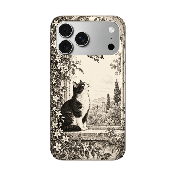 窓辺の猫と蝶 iPhoneケース 正視白背景 装着イメージ