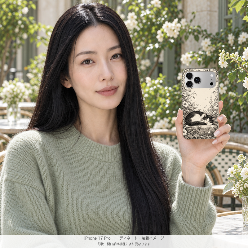 デイジーと眠る猫 iPhone 17 Proを手に持つモデル 装着イメージ