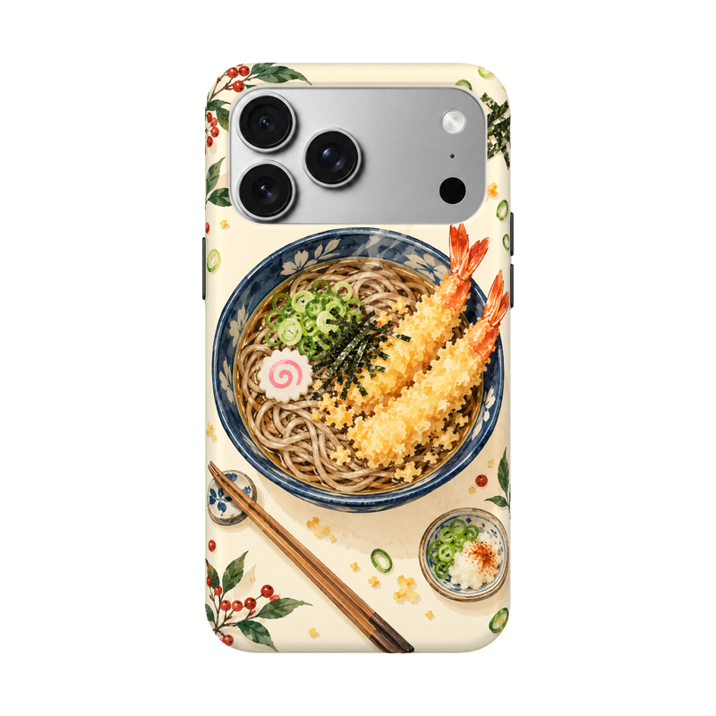 天ぷらそば iPhoneケース 正視白背景 装着イメージ