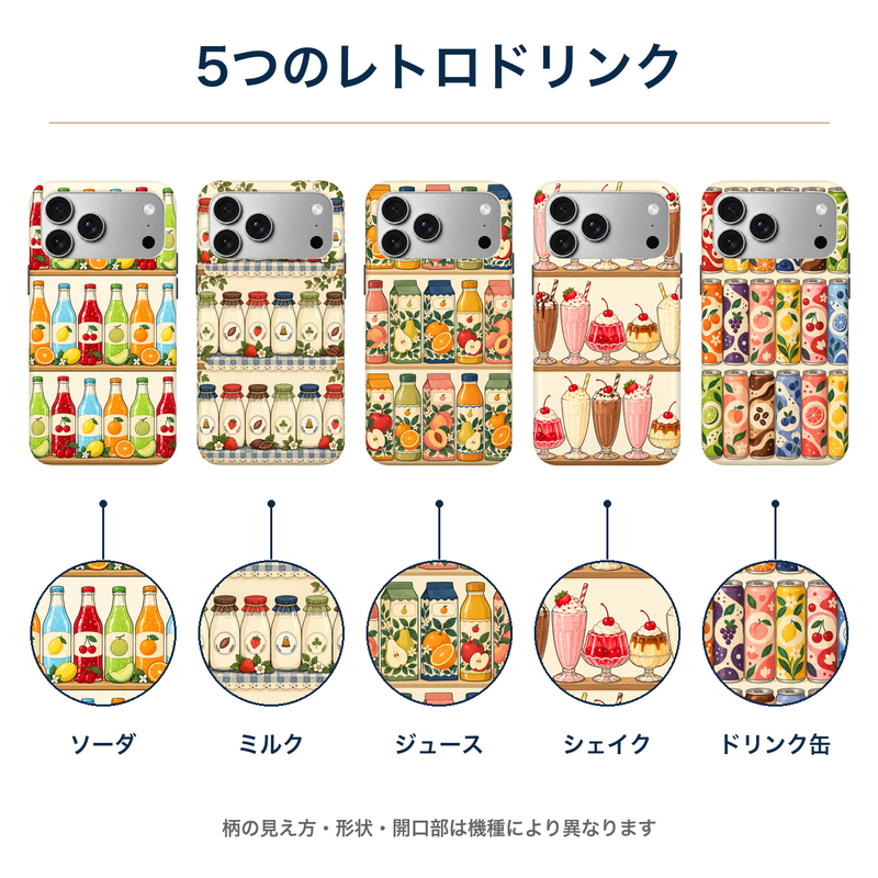 5つのレトロドリンク 全柄の装着イメージとプリント柄の拡大図