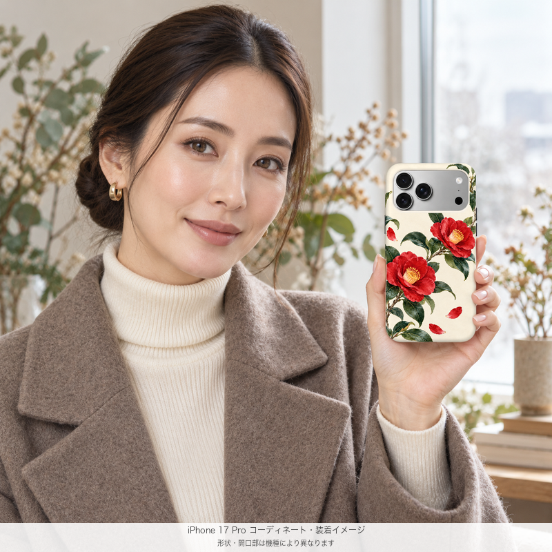 赤い椿 iPhone 17 Proを手に持つモデル 装着イメージ