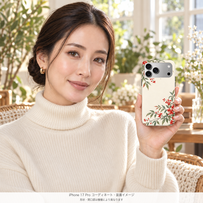 南天の赤い実 iPhone 17 Proを手に持つモデル 装着イメージ