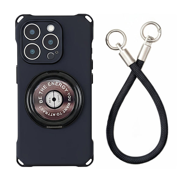 360-Degree Rotating Ring Stand Integrated Smartphone Case with Retro Record Motif Strap
