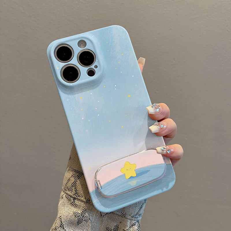 シンプル星空デザイン星モチーフミラースタンド付きスマホケース