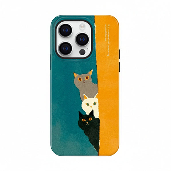 3匹の猫モチーフブルー×イエローフィルム加工フルカバーソフトケース/二重構造スマホケース