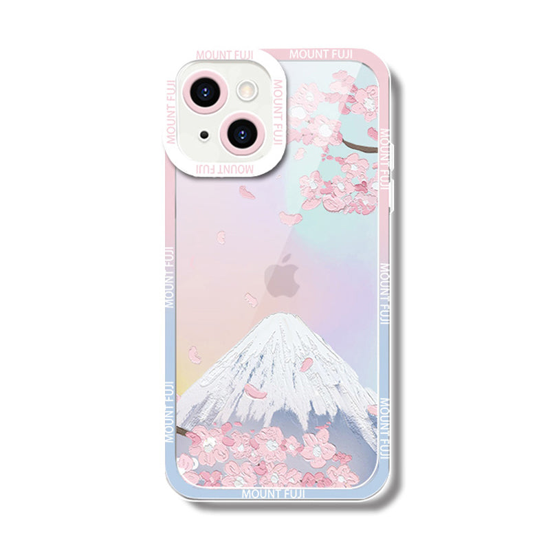 「富士山シリーズ」油絵風雪山と桜クリアスマホケース
