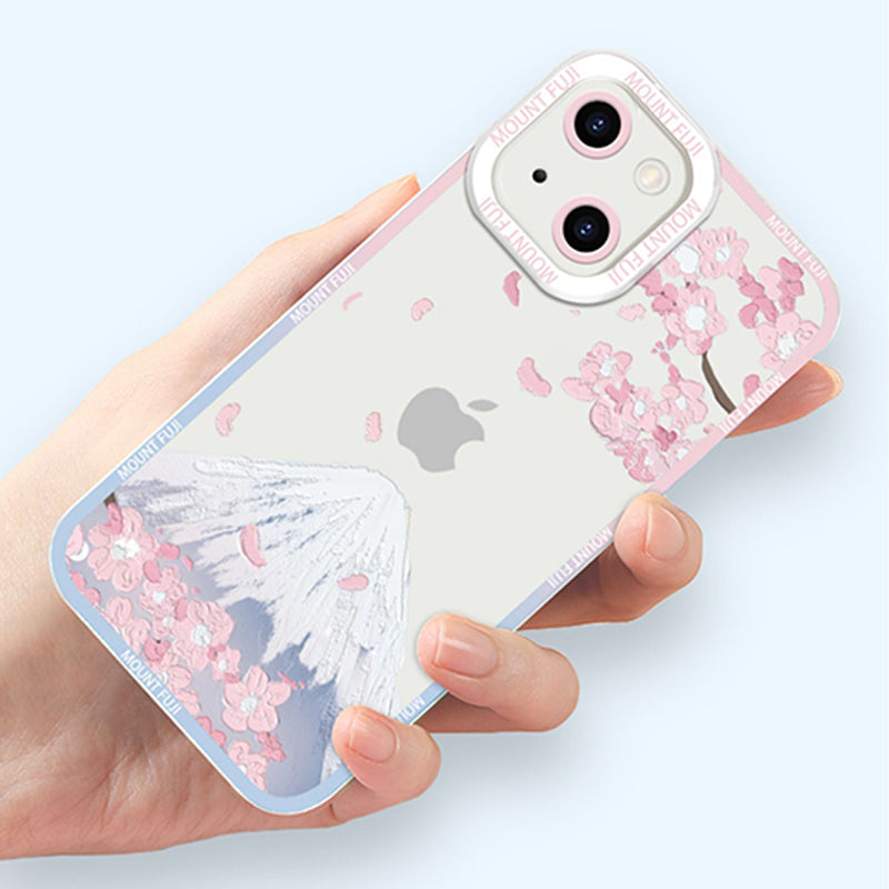 「富士山シリーズ」油絵風雪山と桜クリアスマホケース
