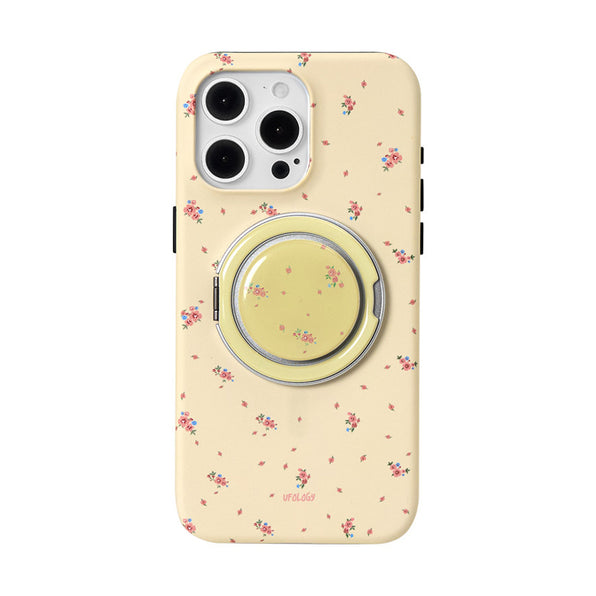 Magnetic smartphone case with a small floral print, rotating ring stand, and double-layer film construction
