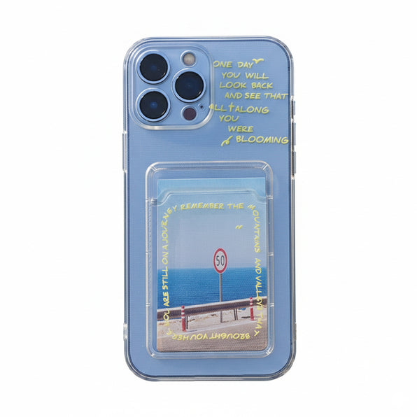 Clear smartphone case with English print Cheki-sized card storage pocket (available in 2 colors)