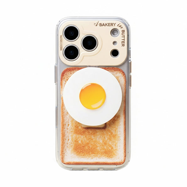 Magnetic Phone Case with Stand and Hidden Mirror, Toast & Egg Motif