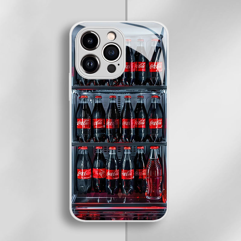 ボトル冷蔵庫風 リアル写真 iPhone ケース シルバー 白系 フルカバー カメラ保護 耐衝撃 おもしろ インパクト 強化ガラス TPC 装着展示 全23機種対応