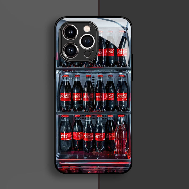 ボトル冷蔵庫風 リアル写真 iPhone ケース ブラック 黒系 フルカバー カメラ保護 耐衝撃 おもしろ 面白い インパクト 強化ガラス TPC 多機種対応