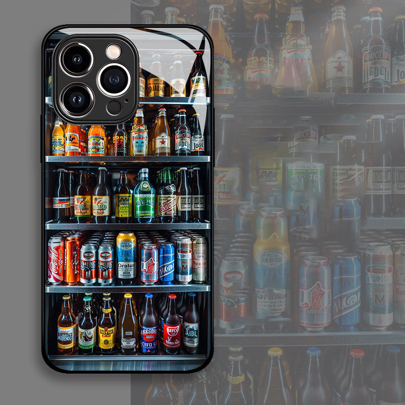 ドリンク冷蔵庫風 リアル写真 iPhone ケース クローズアップ デザイン詳細 フルカバー カメラ保護 おもしろ インパクト 強化ガラス TPC