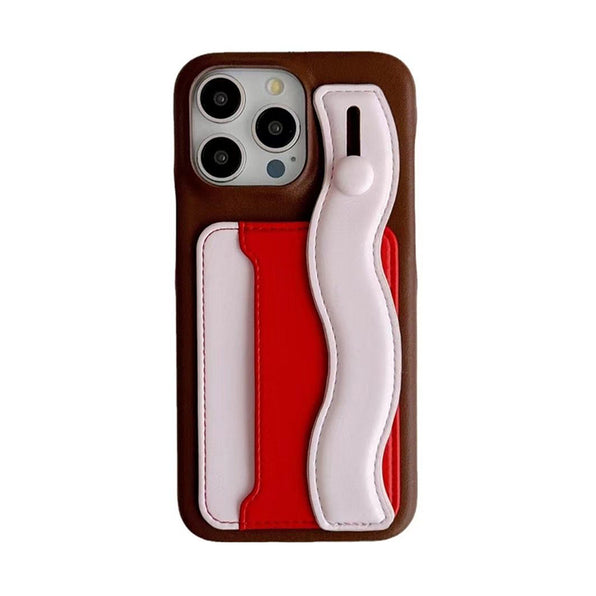 Color Block Design Hand Strap & Card Holder Phone Case