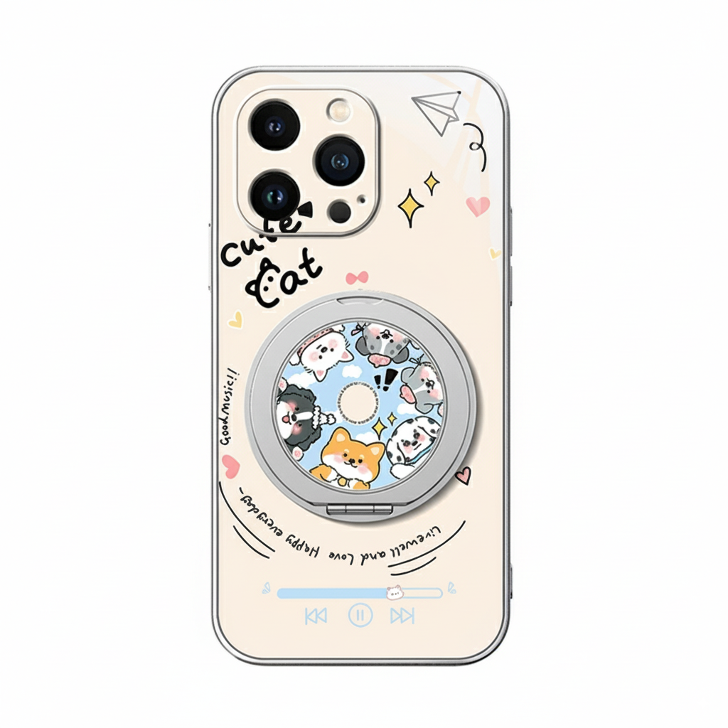 音楽ペットモチーフ回転マグネットスタンド付きマットスマホケース