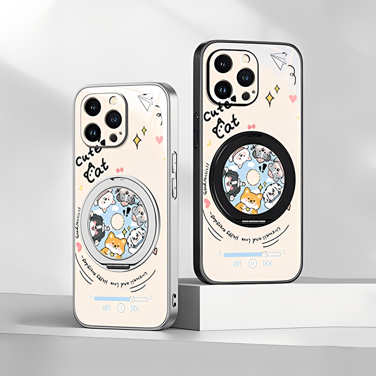 音楽ペットモチーフ回転マグネットスタンド付きマットスマホケース