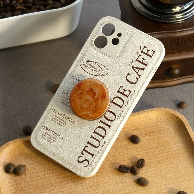 スタイリッシュコーヒーテーマエアバッグ式スタンド付きPUスマホケース