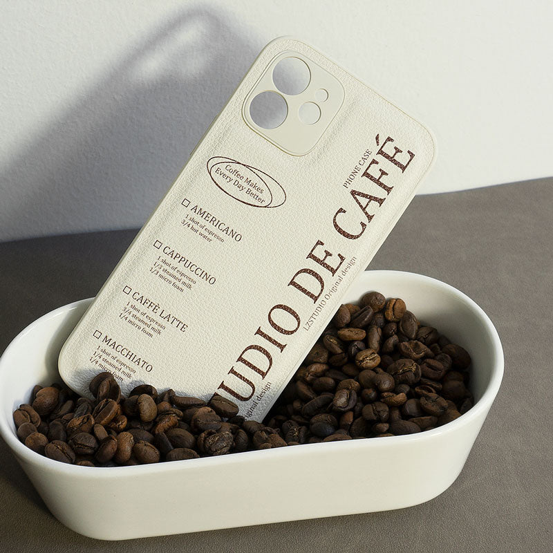 スタイリッシュコーヒーテーマエアバッグ式スタンド付きPUスマホケース
