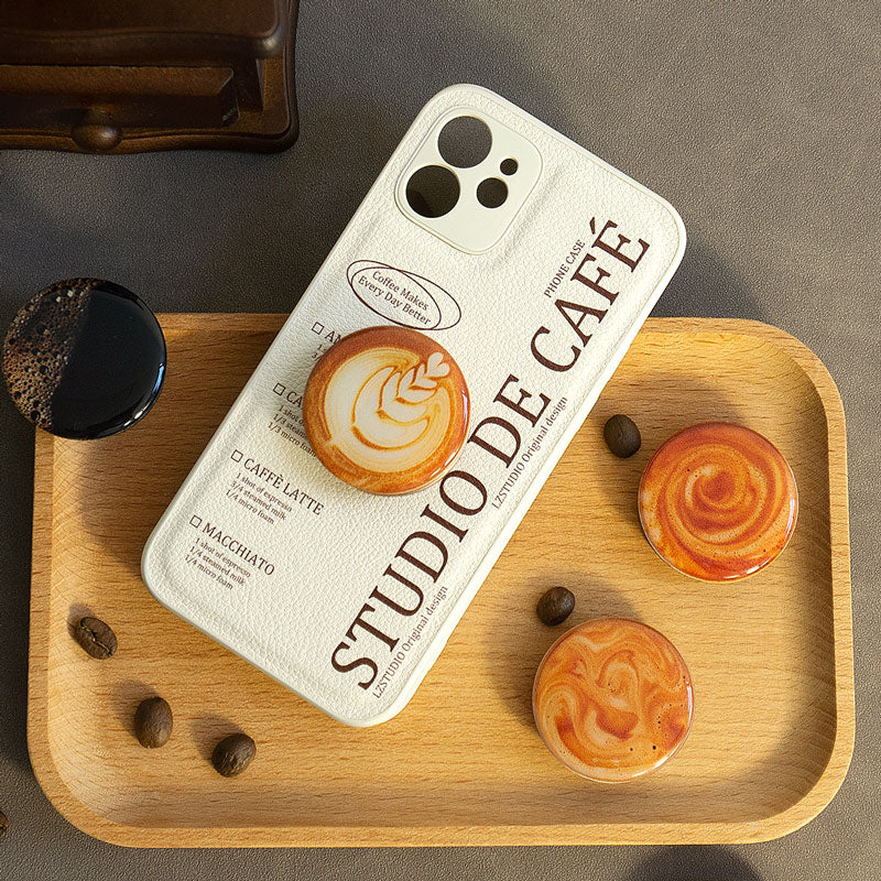 スタイリッシュコーヒーテーマエアバッグ式スタンド付きPUスマホケース