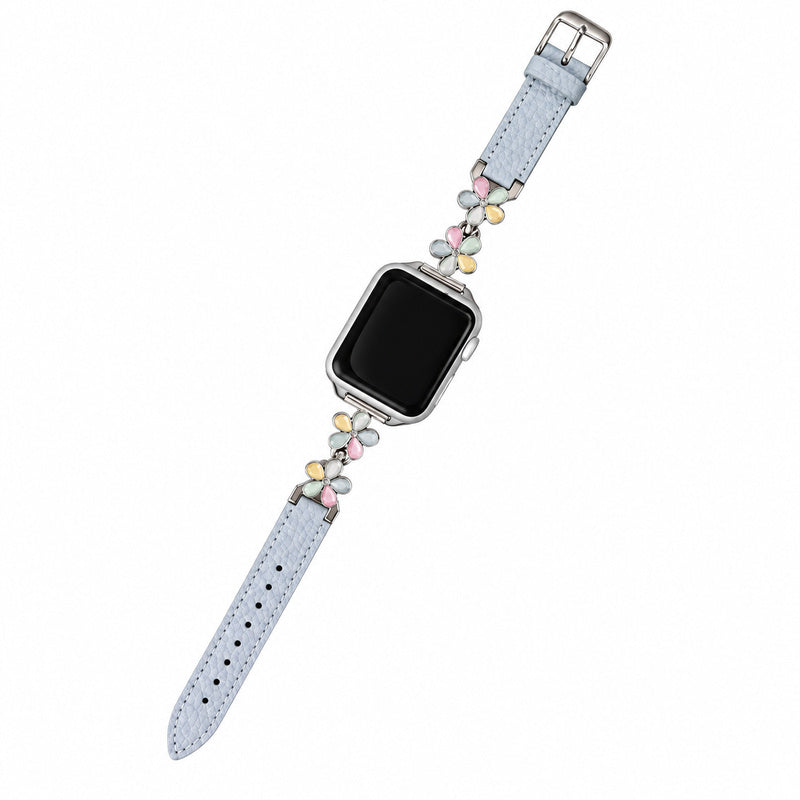 ブルーグレーのフラワーメタル レザー調 Apple Watchバンド