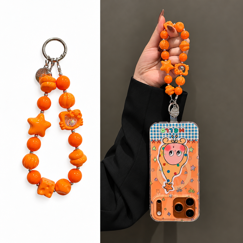 キャットとスターのチャーム付きオレンジビーズスマホリストストラップの商品イメージ