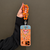 キャットとスターのチャーム付きオレンジビーズスマホリストストラップの商品イメージ