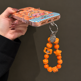 キャットとスターのチャーム付きオレンジビーズスマホリストストラップの商品イメージ