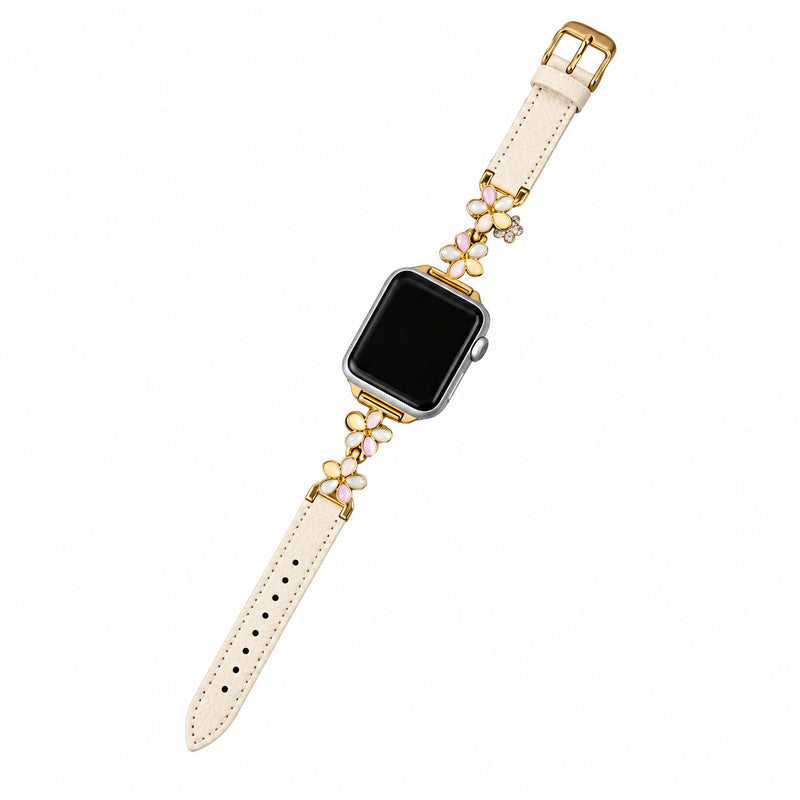 アイボリーのフラワーメタル レザー調 Apple Watchバンド