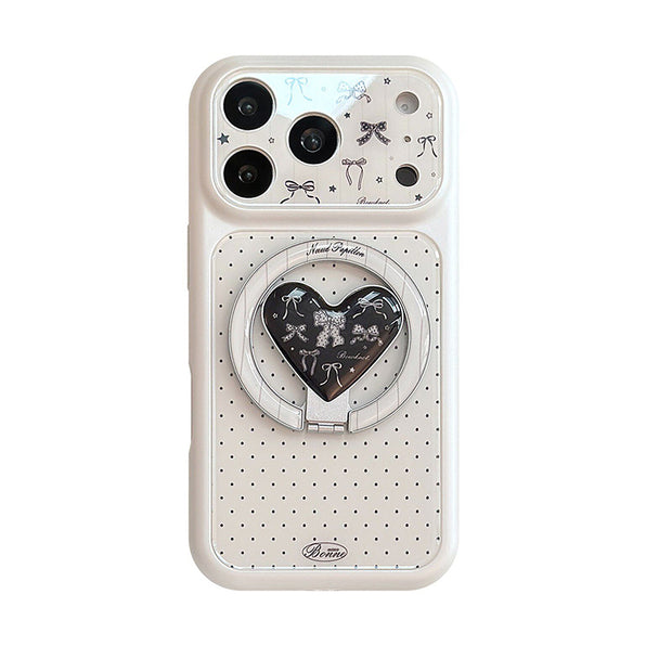 Black dot and ribbon motif heart-shaped magnetic stand iPhone case