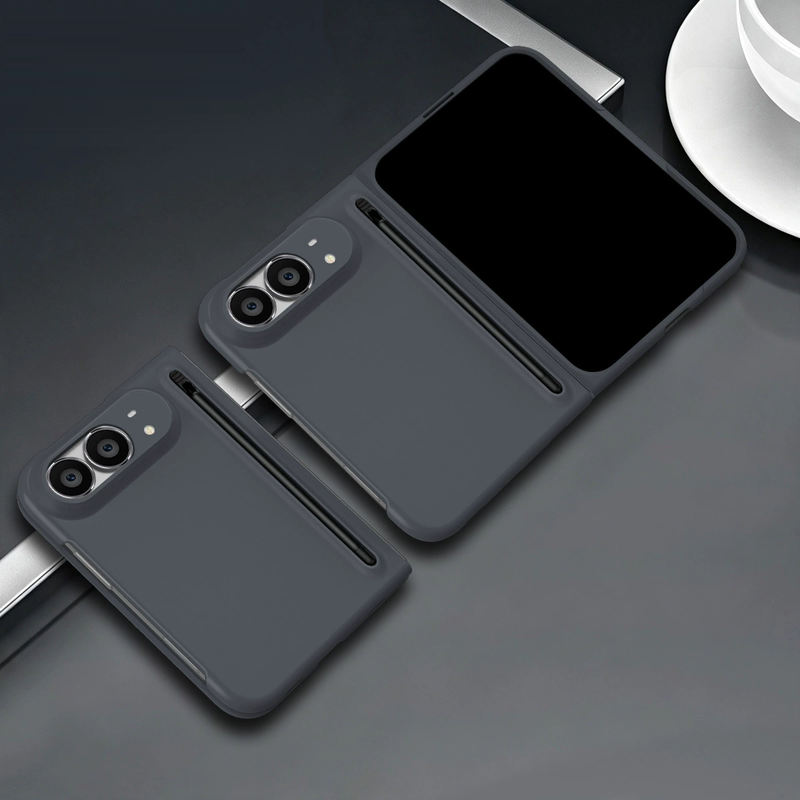 ダークグレー・ケース一体型保護フィルム・ペン付きのiPhone Duoケース