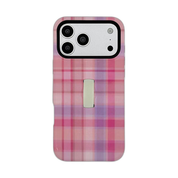 ストラップ付き 格子柄 iPhoneケース くすみピンク メイン(白底)