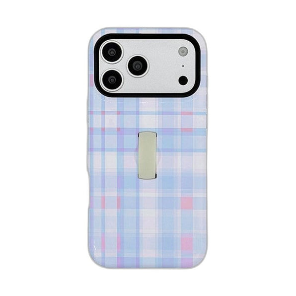 ストラップ付き 格子柄 iPhoneケース ブルーピンク メイン(白底)