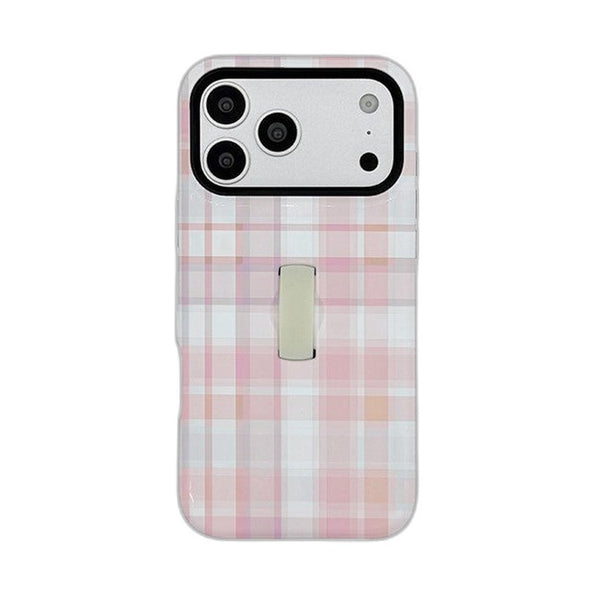 ストラップ付き 格子柄 iPhoneケース ピンク メイン(白底)
