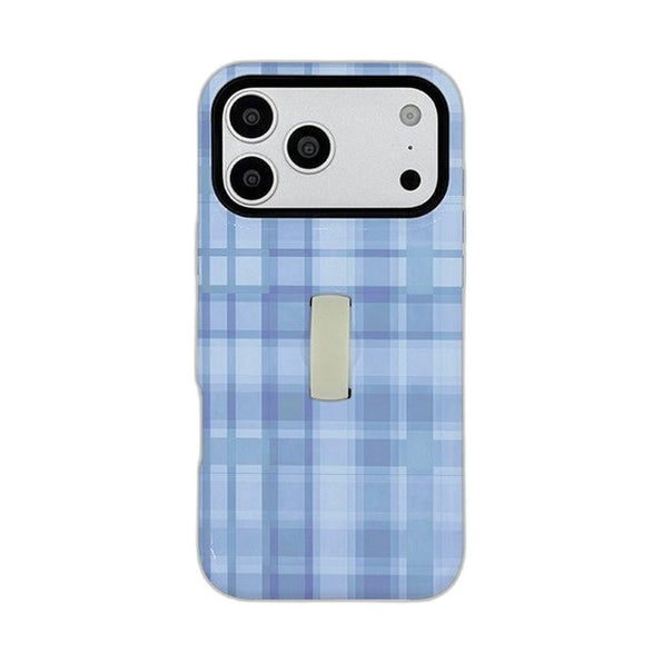 ストラップ付き 格子柄 iPhoneケース ブルー メイン(白底)