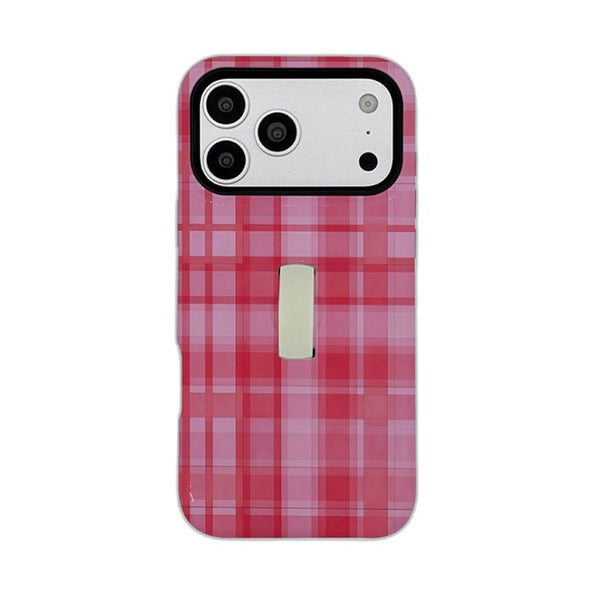 ストラップ付き 格子柄 iPhoneケース ローズピンク メイン(白底)