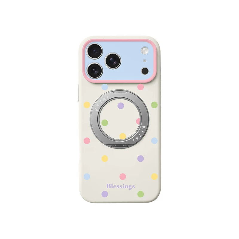 カラフルドット 360°回転スタンド付き iPhoneケース アイボリー+カラフルドット メイン