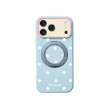 カラフルドット 360°回転スタンド付き iPhoneケース ブルー+アイボリードット メイン